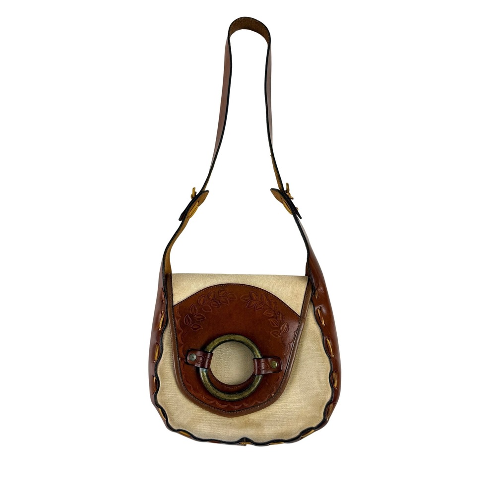 Vintage Leather & Canvas Shoulder Bag with Floral Detail and Unique Ring Closure
